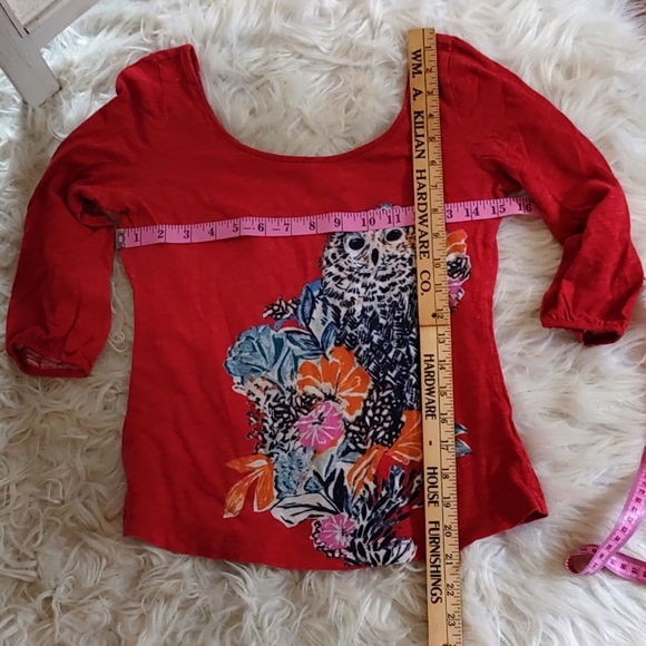 ❤️ Anthropologie postage stamp red multicolored owl top XSP - Picture 2 of 6